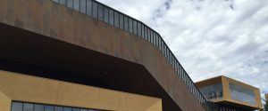 Exterior view of roofline at McMurtry Art Building at Stanford University