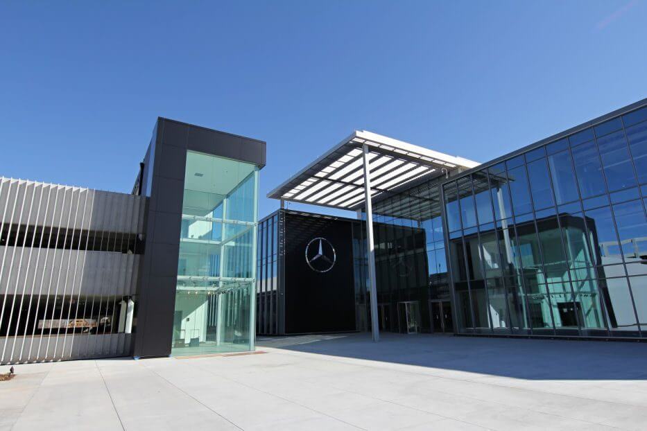 Exterior of Mercedes Benz headquarters in Atlanta, GA