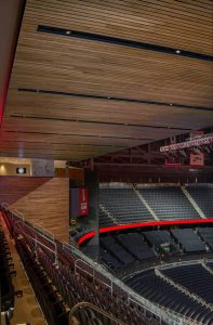 Stadium seating and wood acoustical ceiling at State Farm Arena in Atlanta, GA