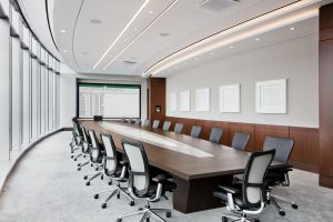 Executive conference room for major retail bank features floor-to-ceiling windows