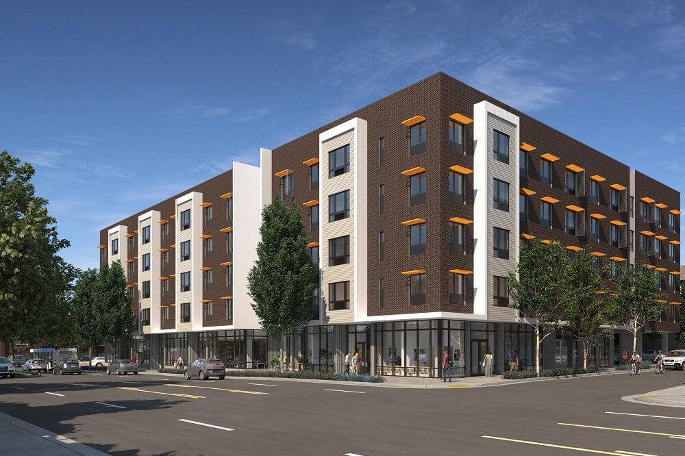 Exterior rendering of new affordable housing community Beatrice Morrow in Portland, OR