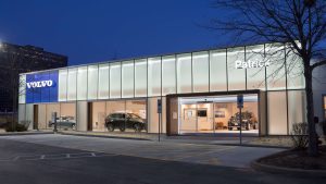 Exterior nighttime view of the remodeled Patrick Volvo in Schaumburg, IL
