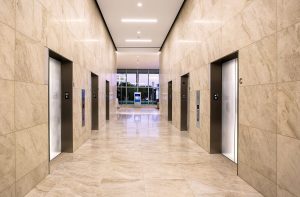 400 Spectrum elevator lobby that serves the 20-story office tower in Southern California.