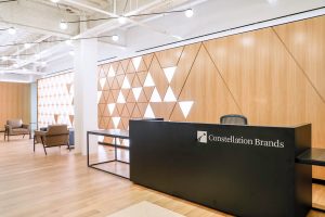 Wood and light triangle feature wall at main reception