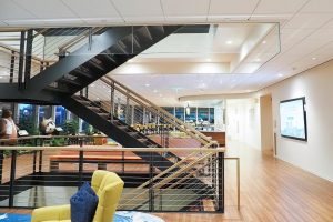 Open railing staircase at Salesforce Global Headquarters in San Francisco, CA.