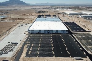 Aerial shot of Tropical Distribution Center and parking lot in Las Vegas.
